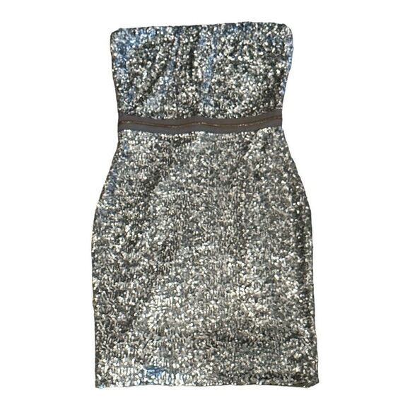 DRESS THE POPULATION Women’s Sequined Ava Strapless Mini Dress Silver Size XS - Picture 3 of 15
